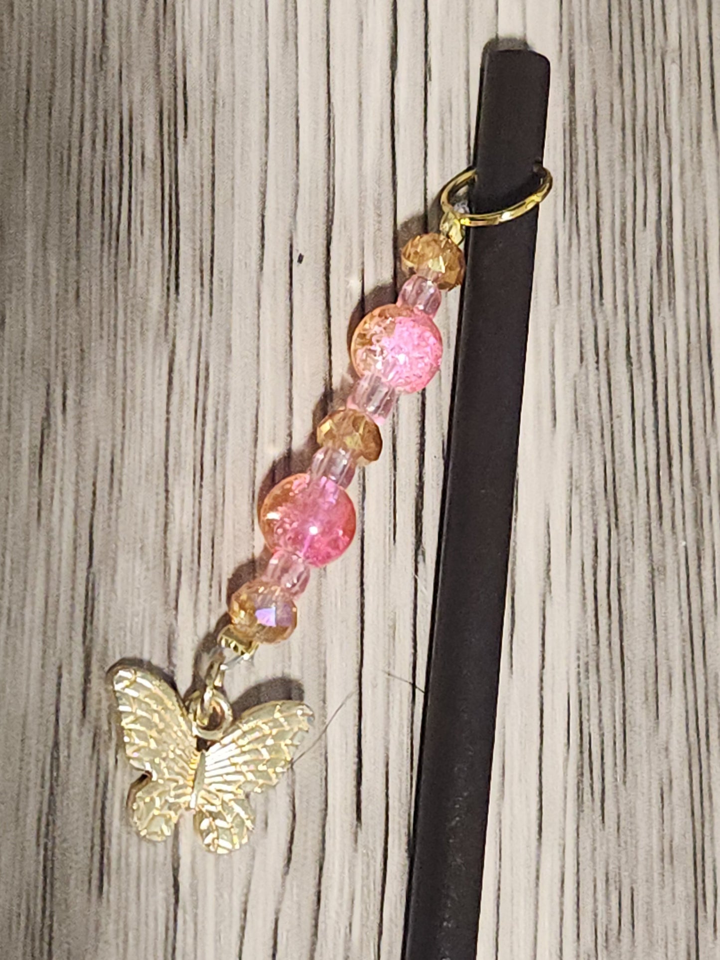 Pink and Gold Beaded Butterfly Hair Stick