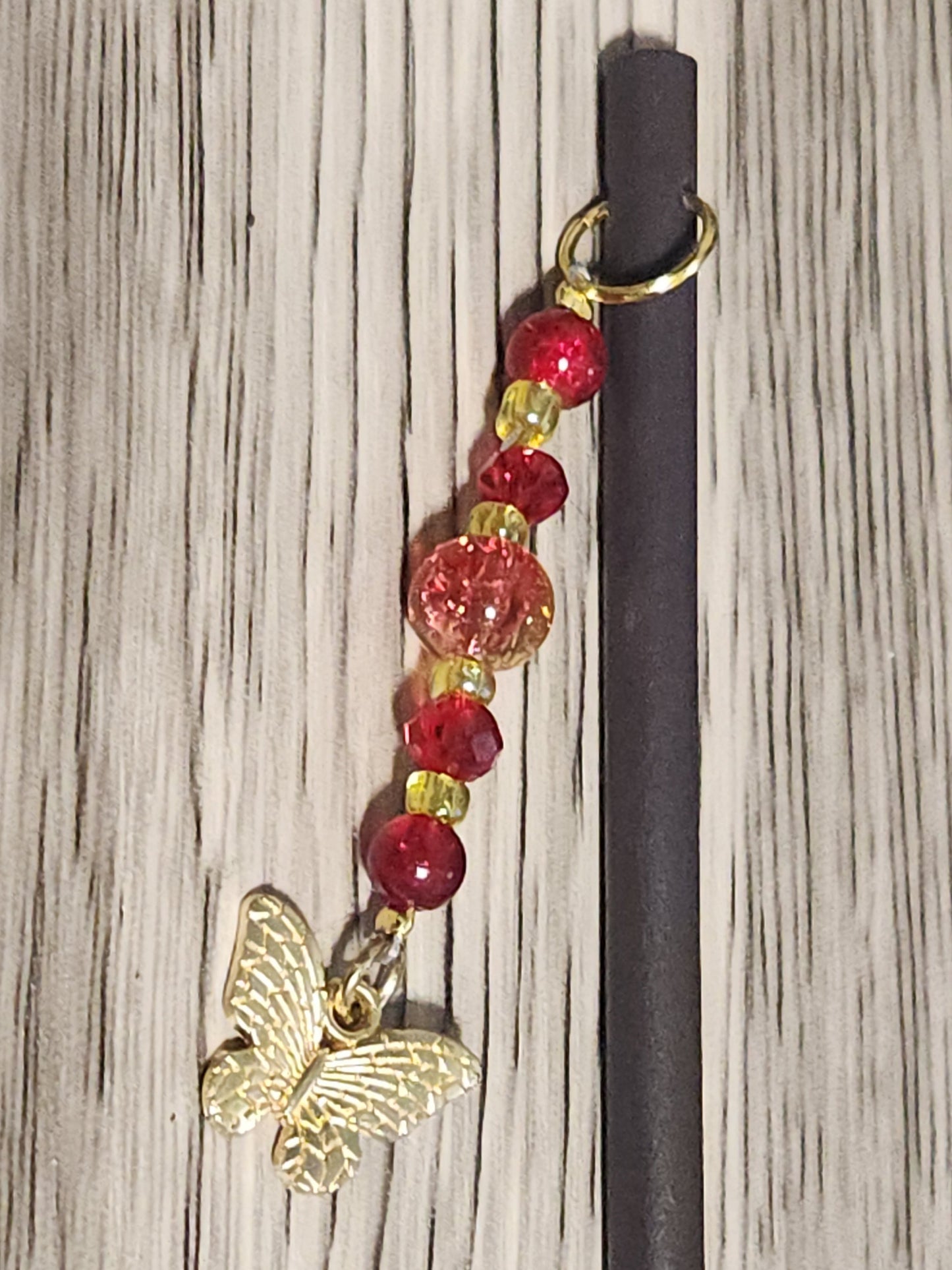 Red and Gold Beaded Butterfly Hair Stick